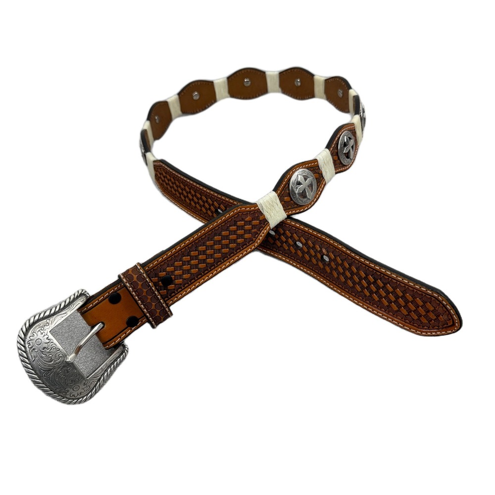 Nocona Belt 36 Mens Tan Leather Western Medallion Crosses Basketweave Stitch EUC